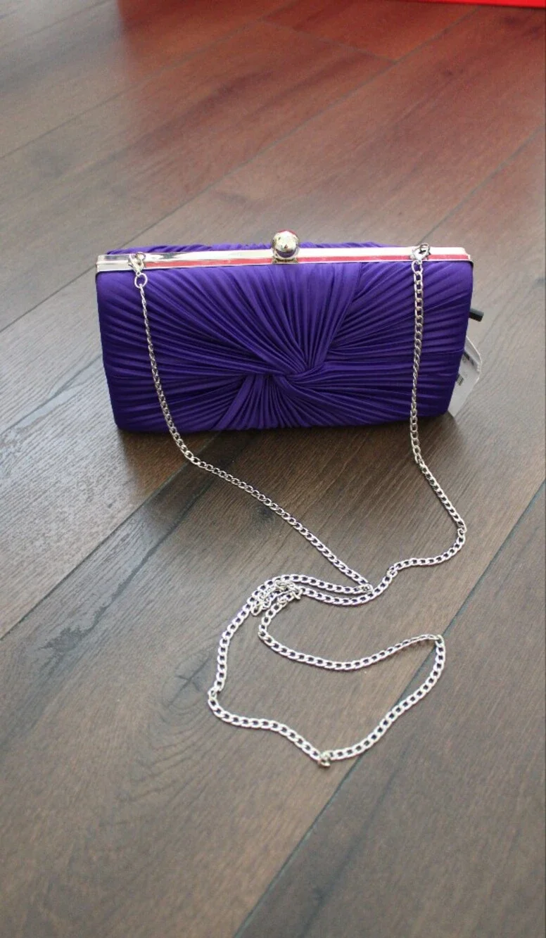 Akira Purple Satin‎ Knotted Evening Clutch with Chain